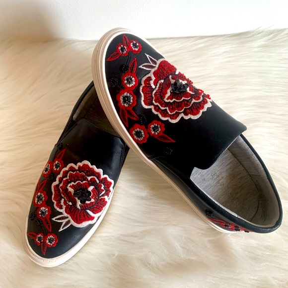 Nine West Shoes - Slip-On Women's Black Sneakers with Red Floral Embroidery